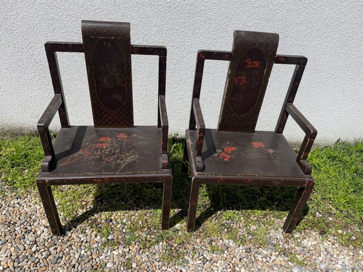Paire De Fauteuils Chinois Laqués -photo-7