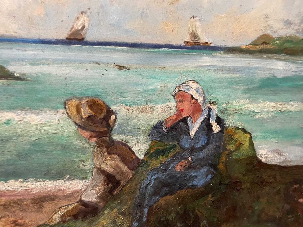 Mother And Her Son At The Edge Of The Lecornec Coastline
