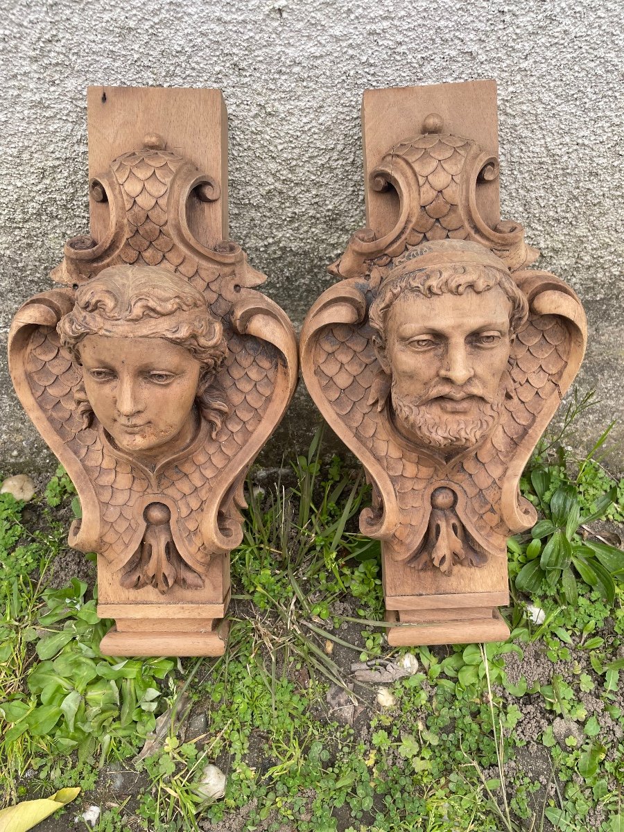 Couple De Personnages Bois Sculpté 