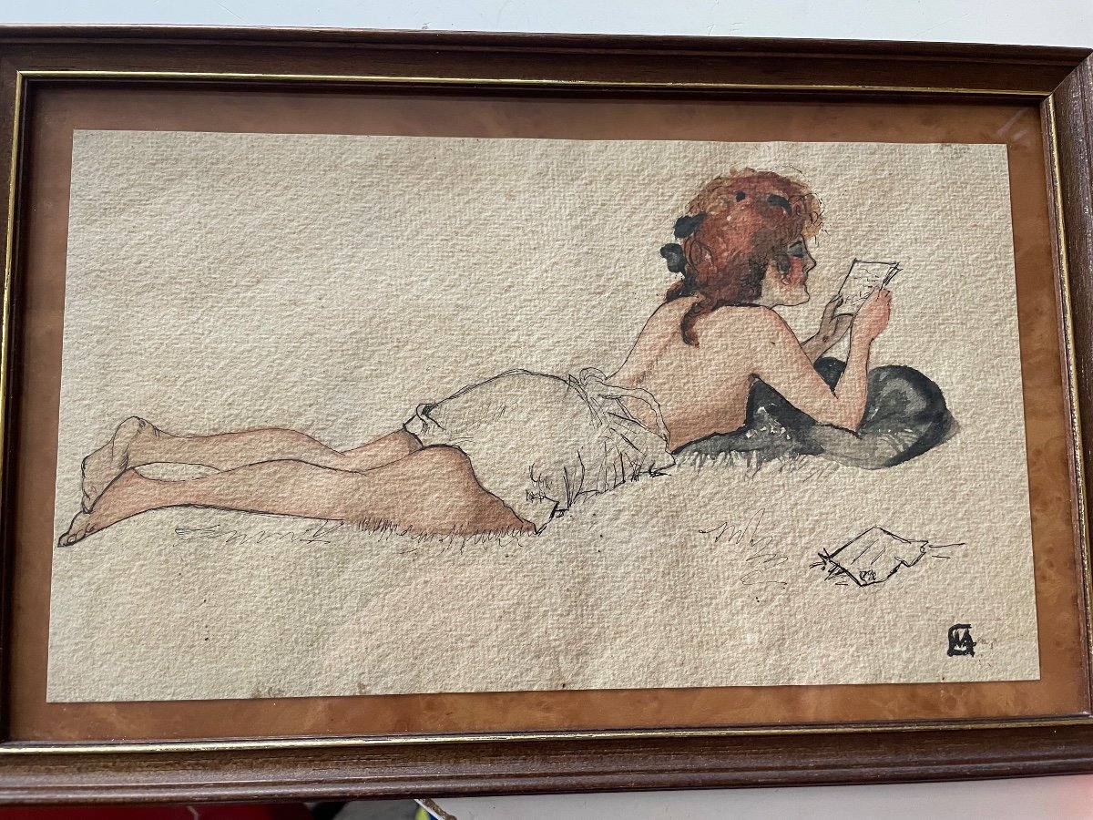 Dessin Gouaché Jeune Fille Allongée 