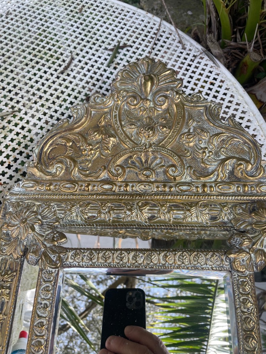 Miroir De Chambre Laiton Repoussé XIX Eme -photo-2
