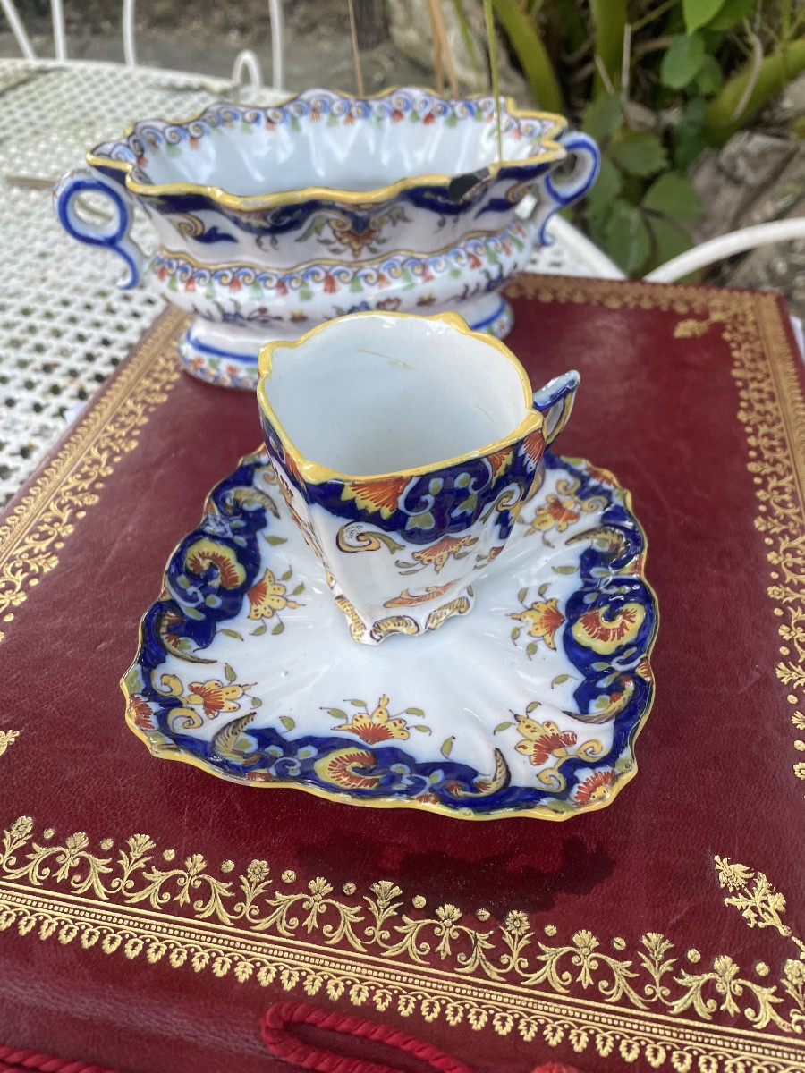 Ensemble Tasse Et Corbeille Faïence De Rouen -photo-3