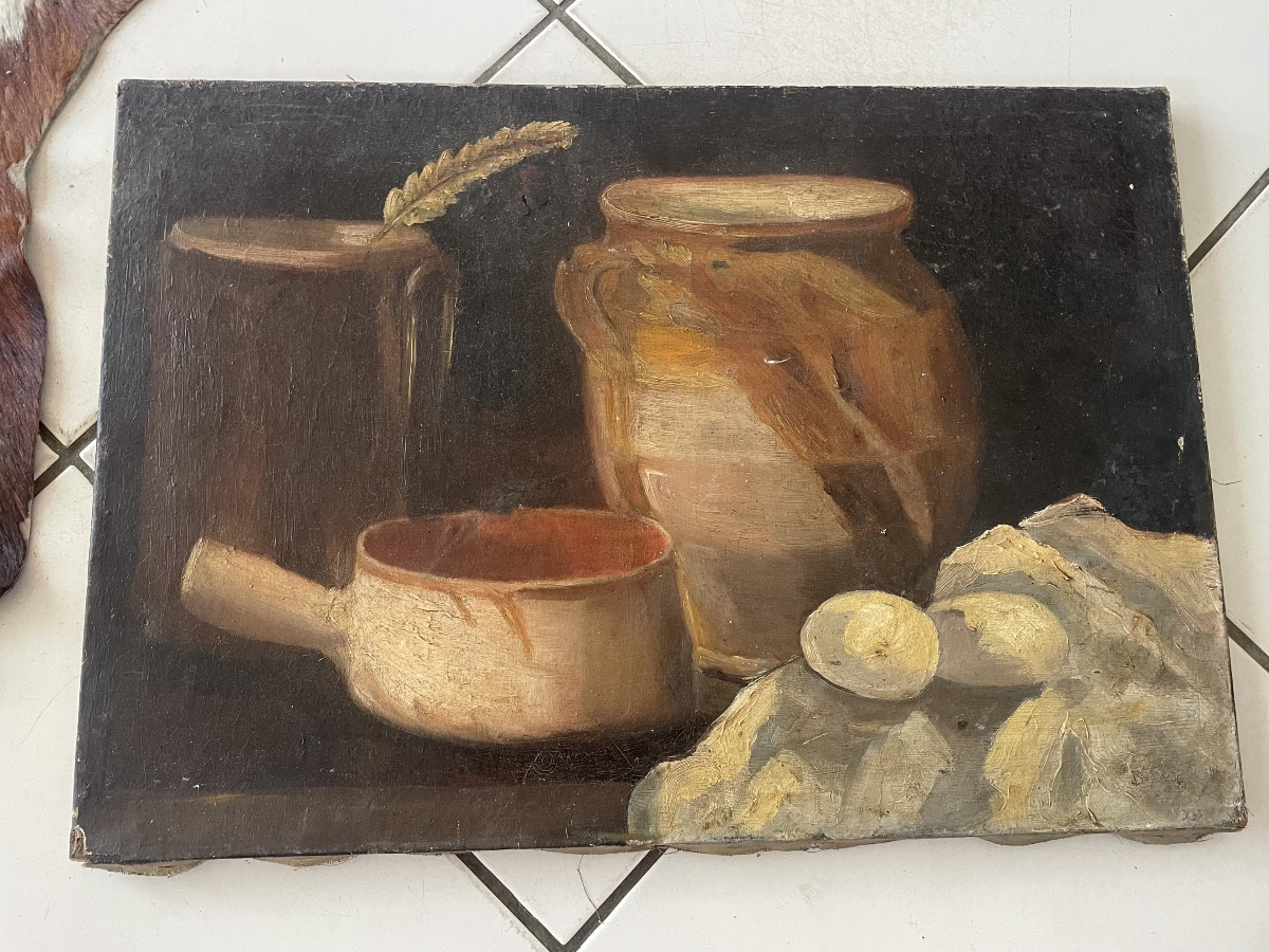 Nature morte aux terres cuites de cuisine 