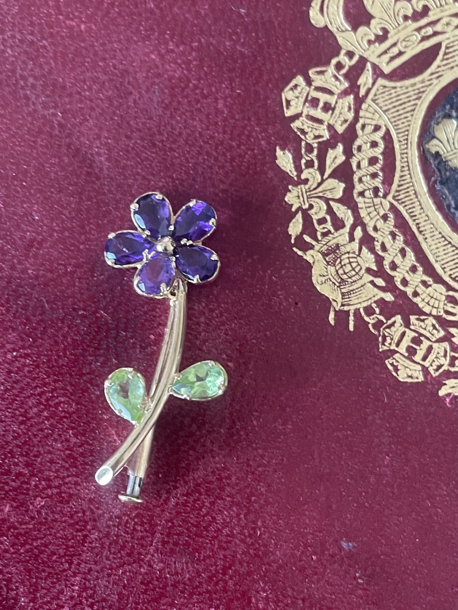 Gold Lucky Brooch With Amethysts And Peridots 