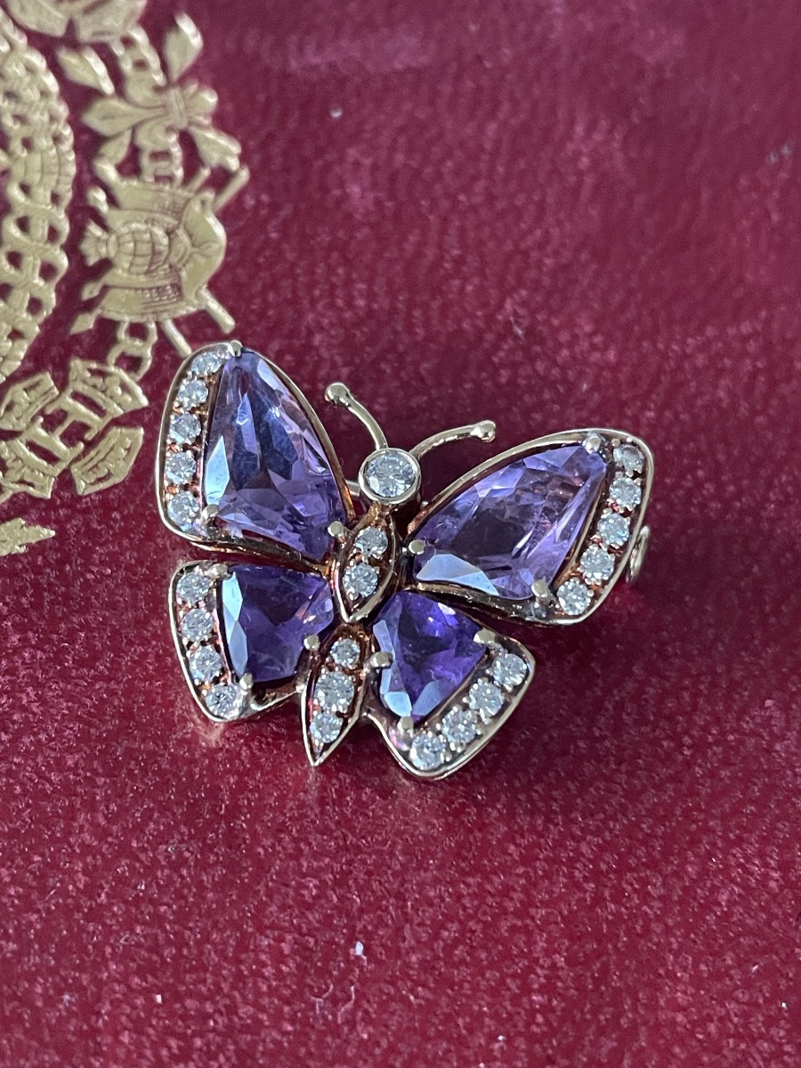 Broche papillon or améthystes et diamants -photo-2