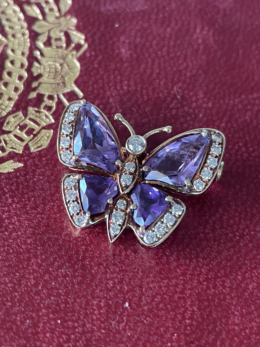 Broche papillon or améthystes et diamants -photo-4