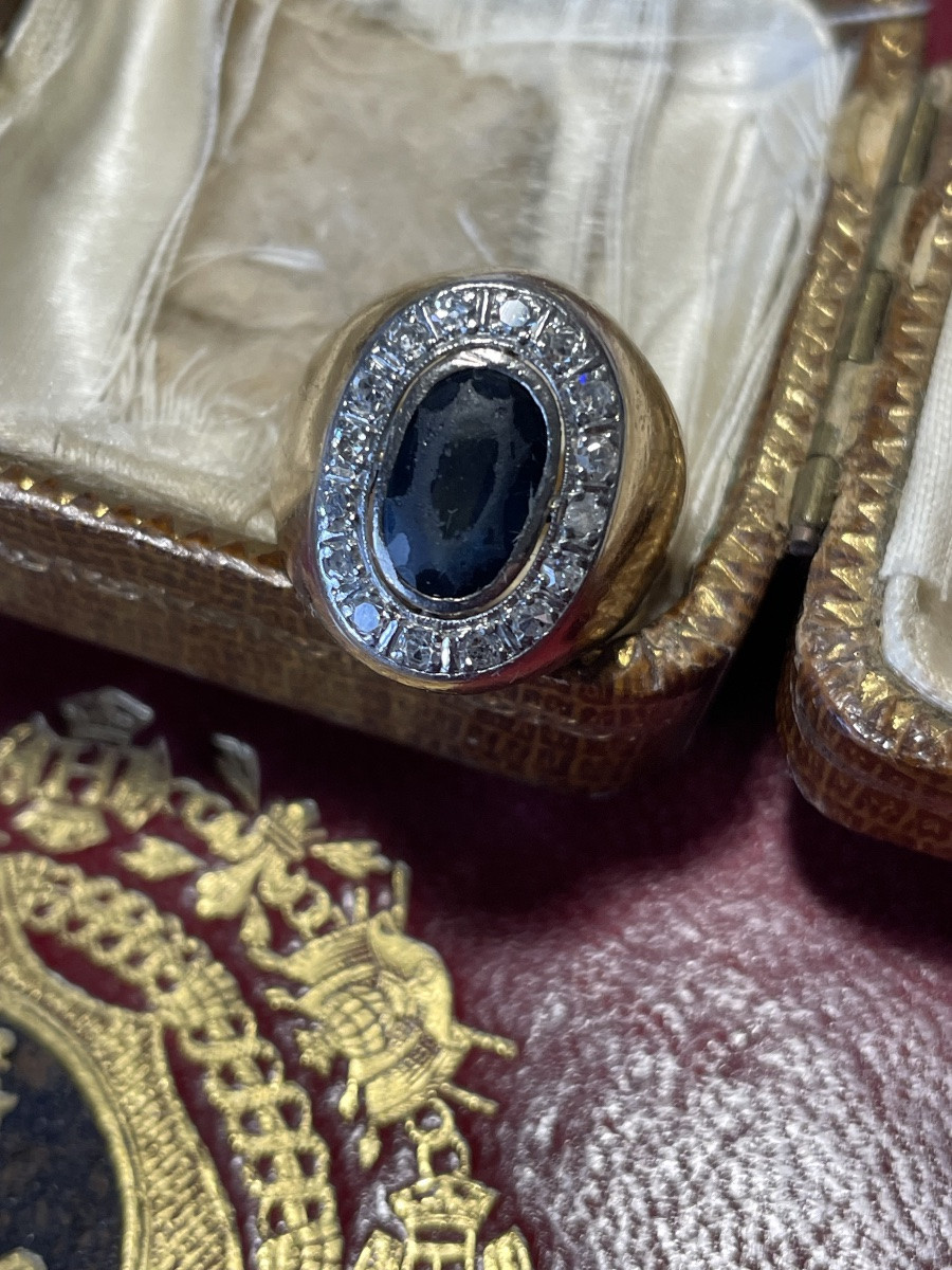 Bague chevalière or saphir et diamants -photo-2