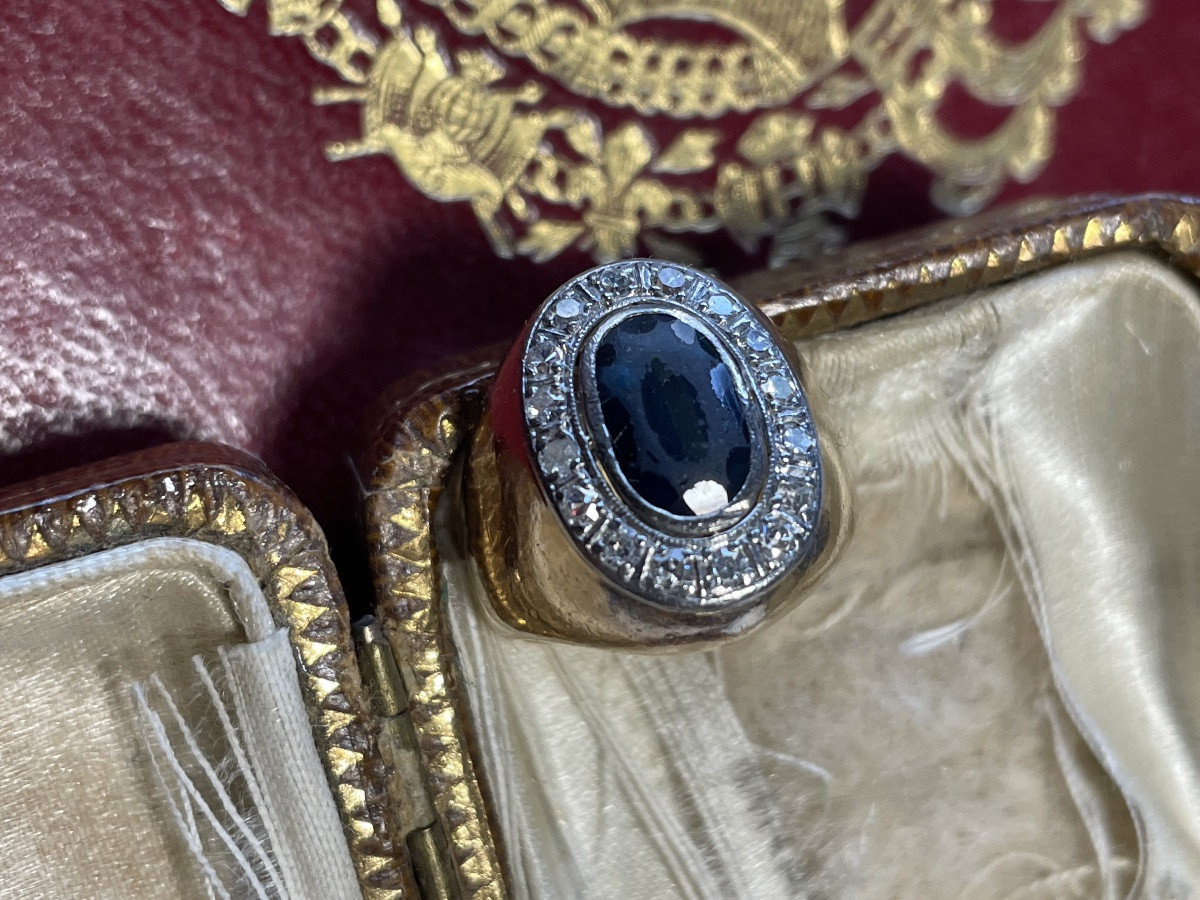 Bague chevalière or saphir et diamants -photo-3