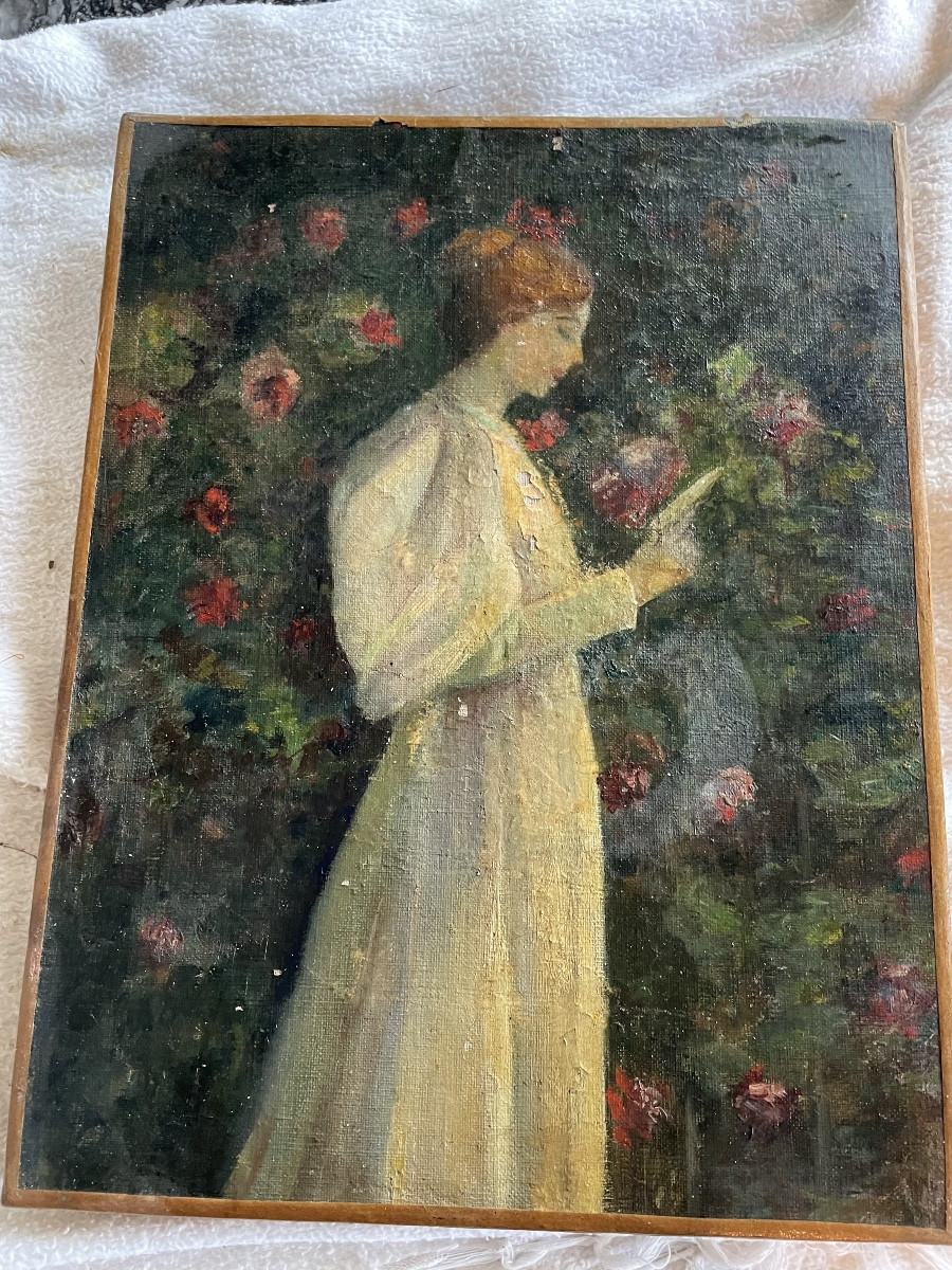 Jeune fille à la lecture au jardin fleuri 