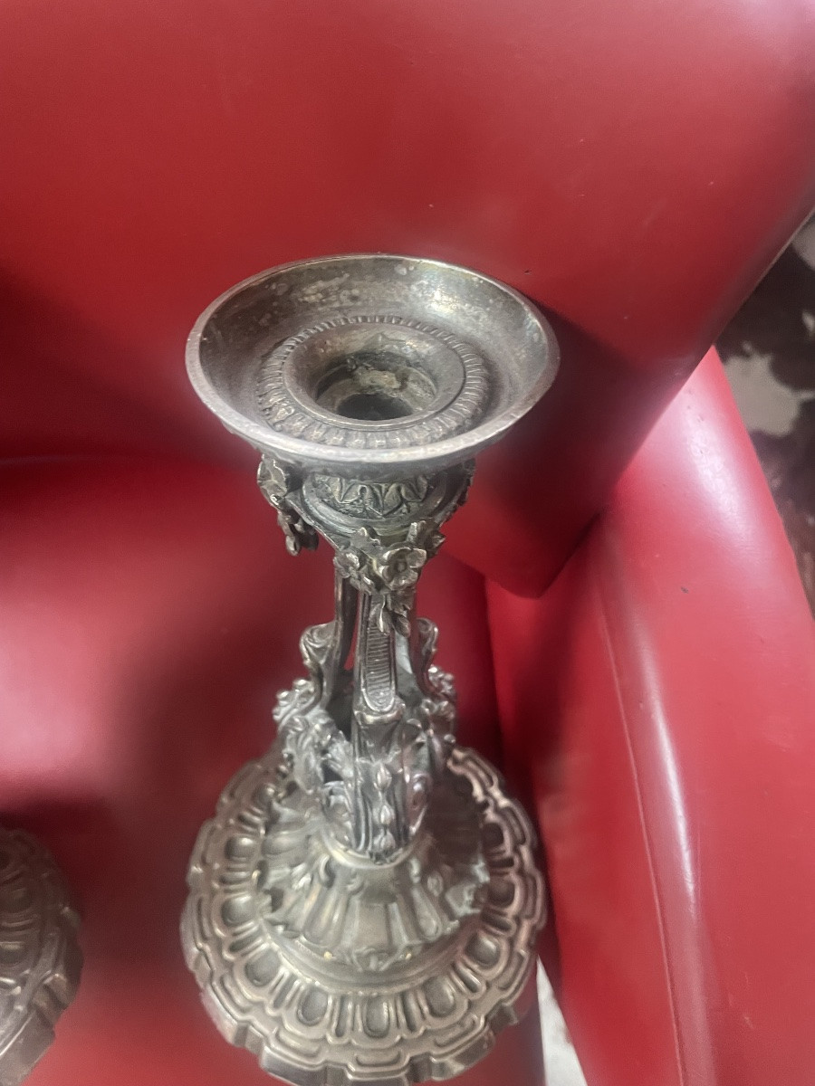 Paire de bougeoirs bronze argenté -photo-3