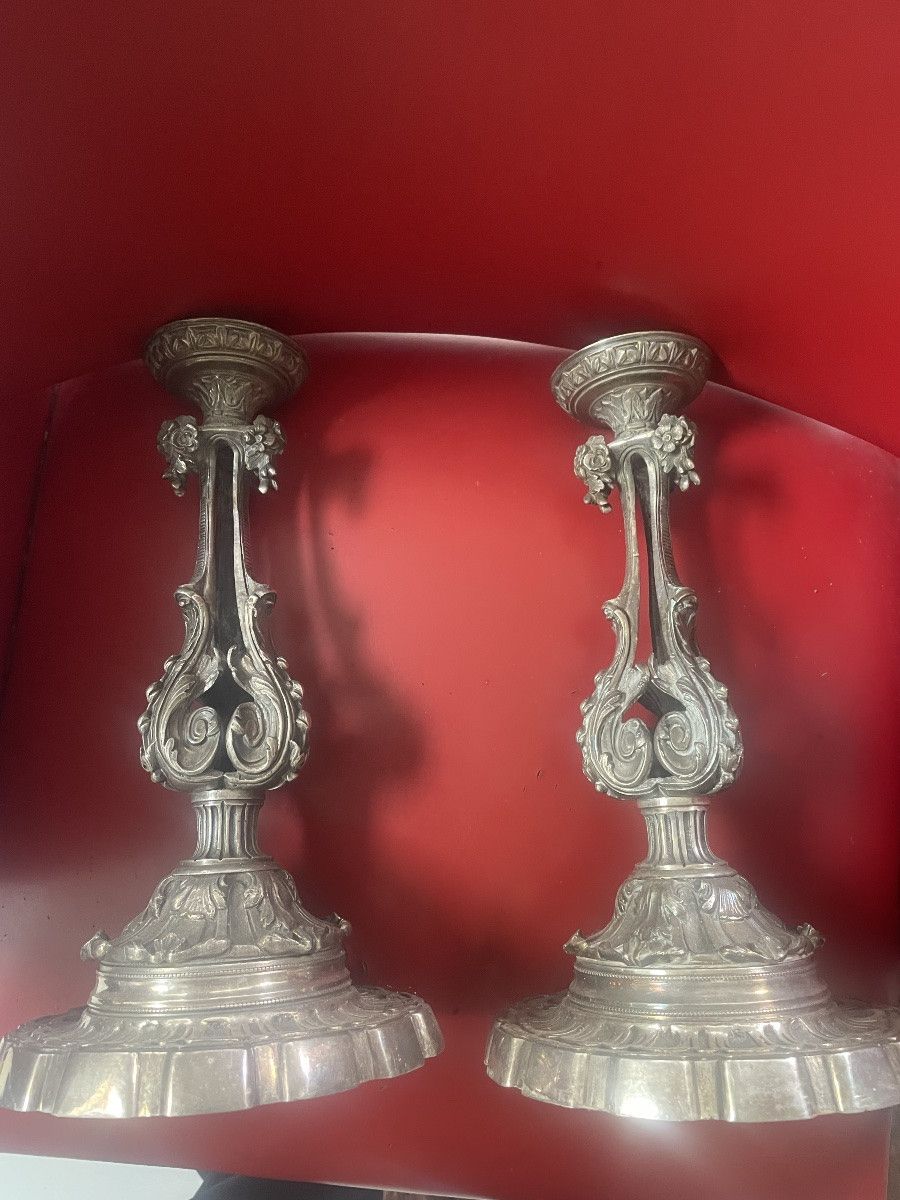 Paire de bougeoirs bronze argenté -photo-4