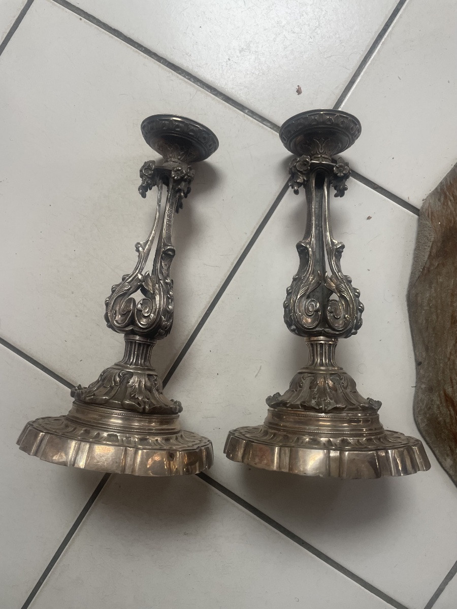 Paire de bougeoirs bronze argenté -photo-6