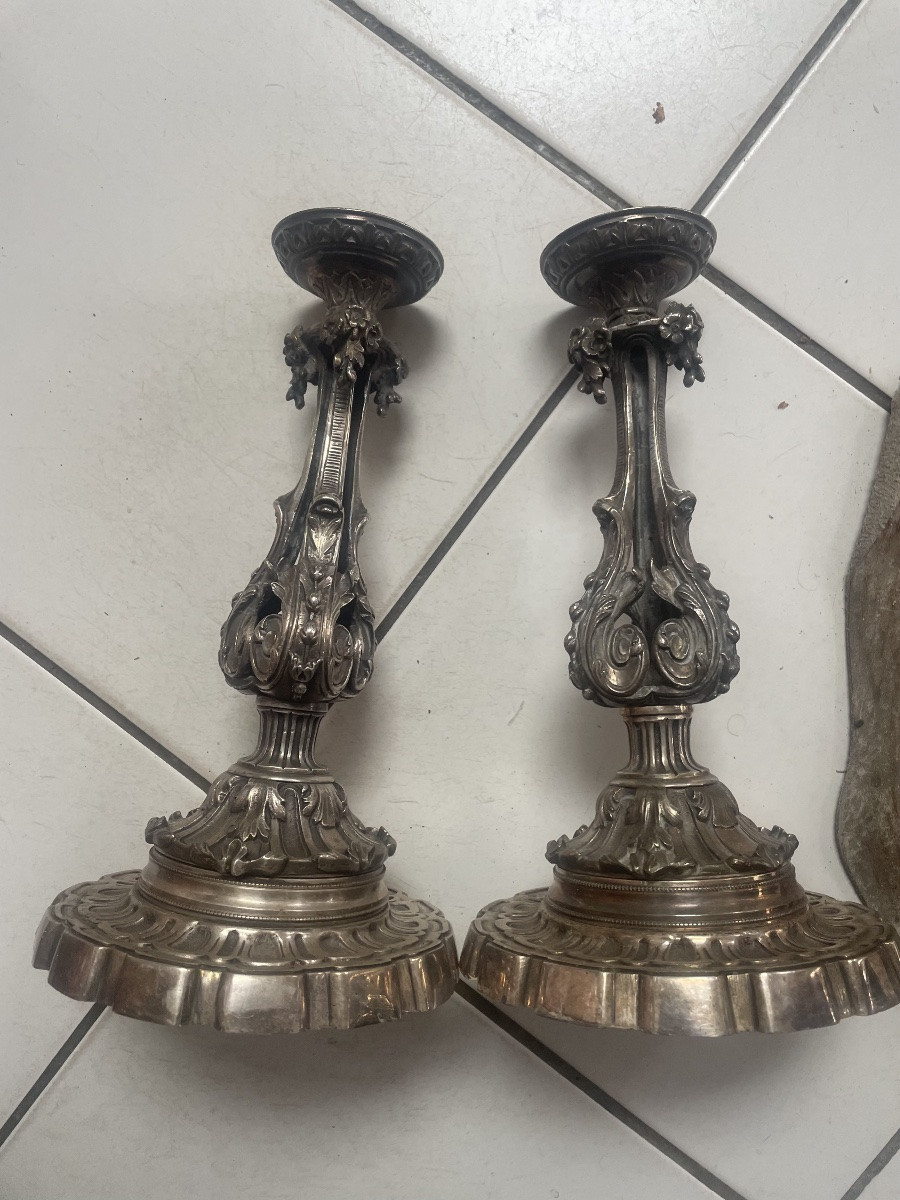 Paire de bougeoirs bronze argenté -photo-7