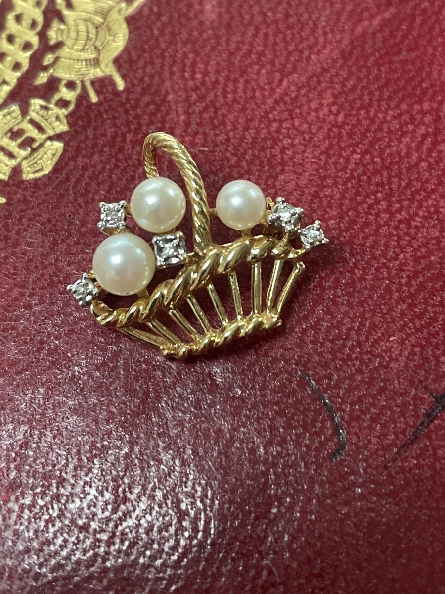 Broche Panier fleuri or , diamants et perles -photo-3