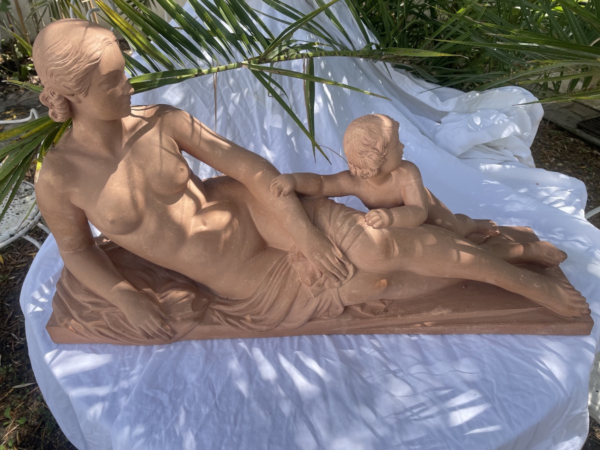 Terre cuite baigneuse et son enfant de Auguste Guenot 