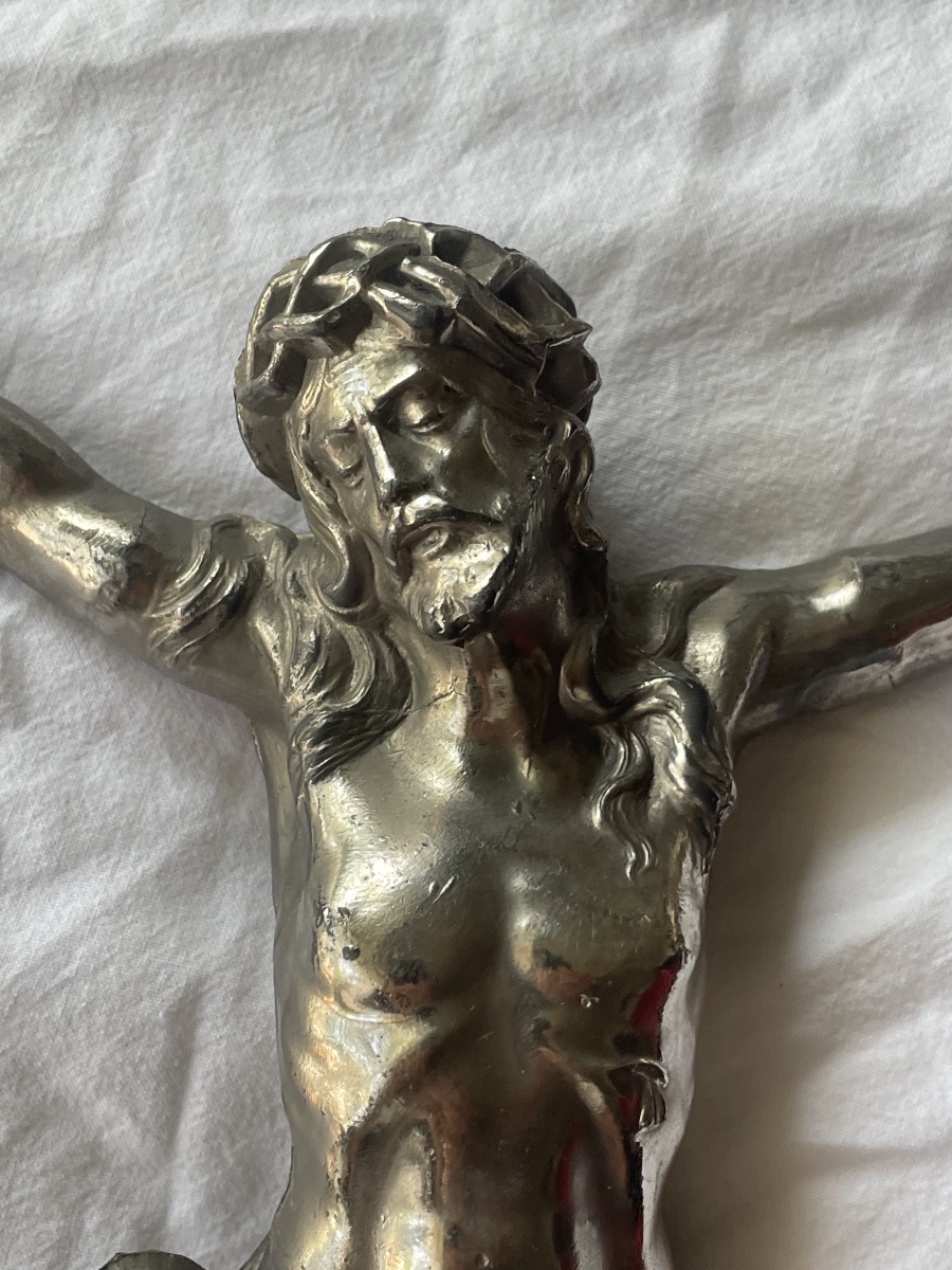 Grande Sculpture métal argenté du Christ -photo-2