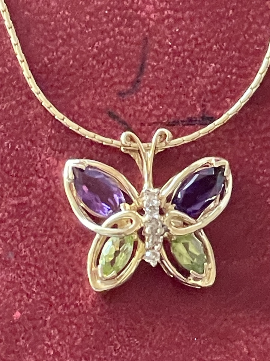 Pendentif papillon or améthystes, péridots et brillants -photo-3