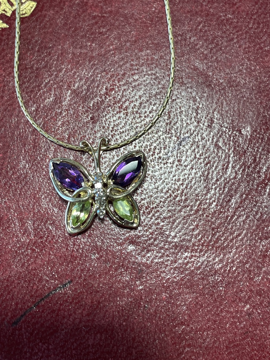 Pendentif papillon or améthystes, péridots et brillants -photo-4