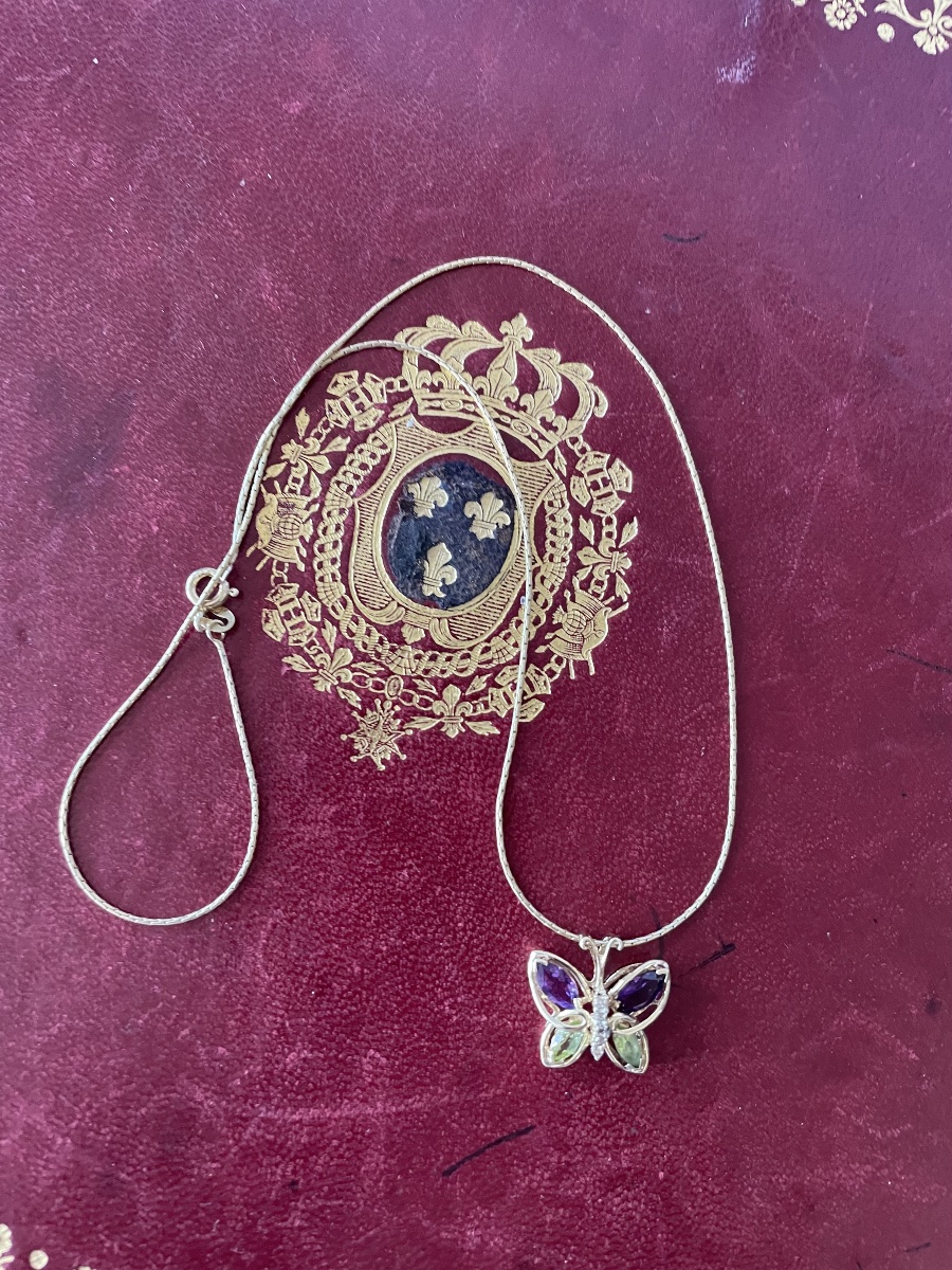 Pendentif papillon or améthystes, péridots et brillants -photo-3