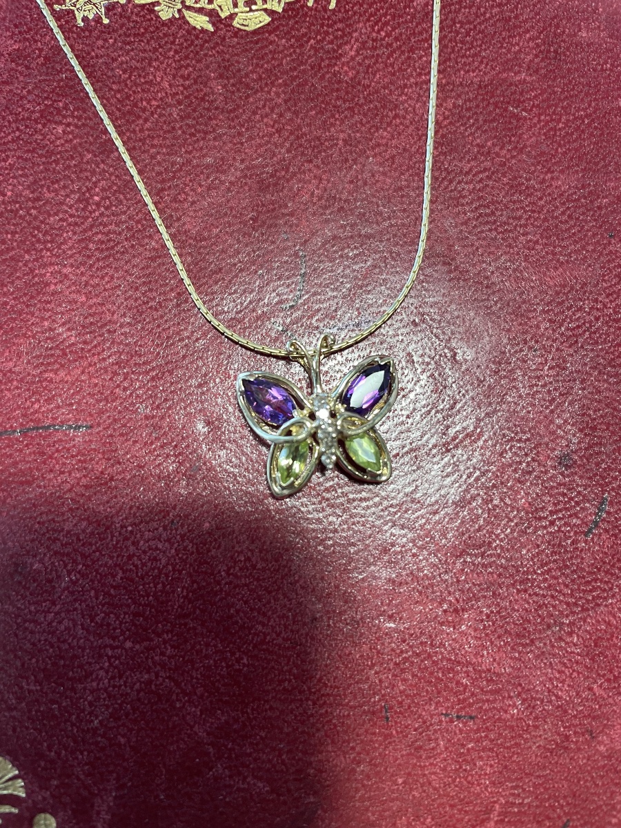 Pendentif papillon or améthystes, péridots et brillants -photo-4