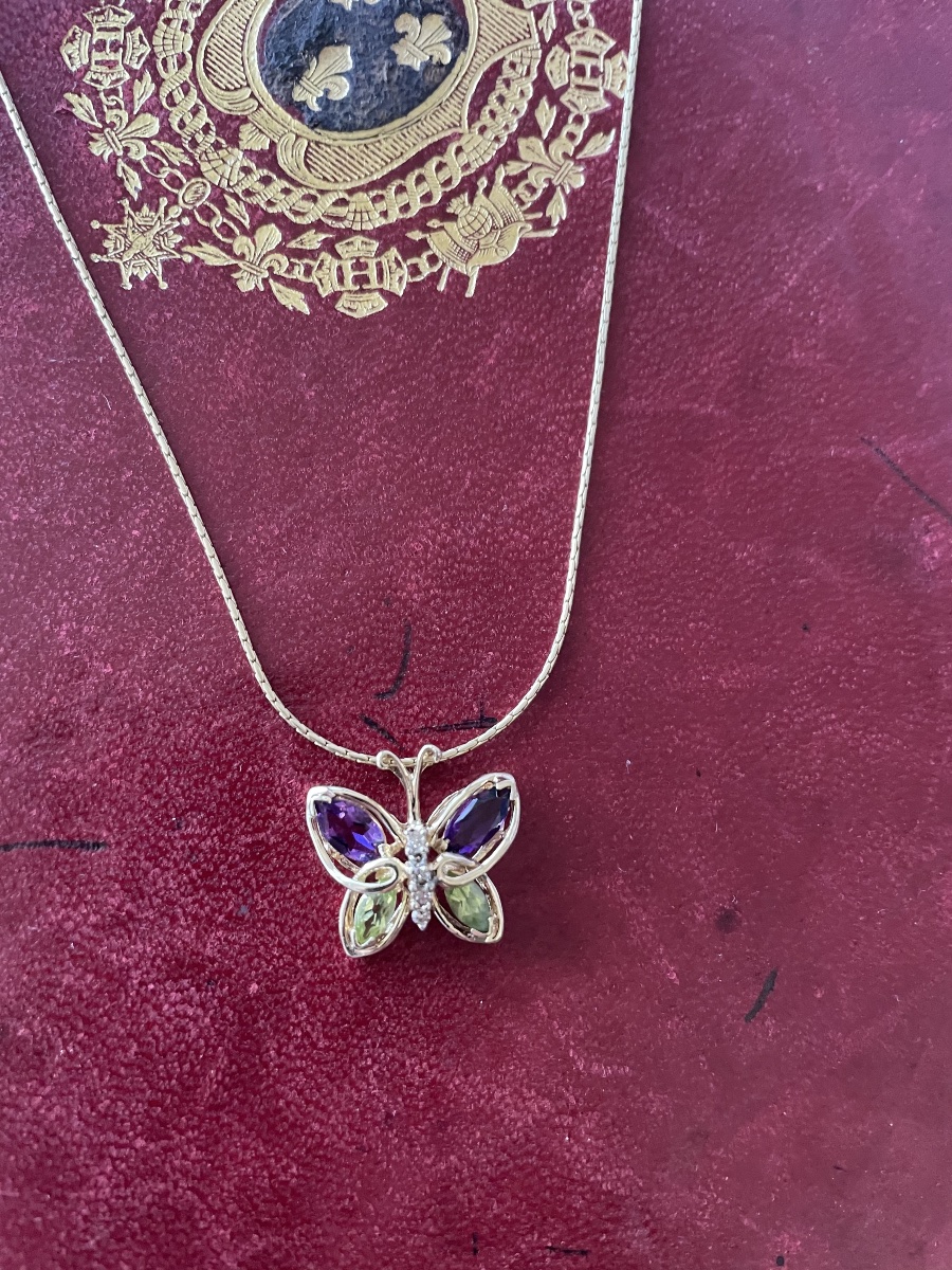 Pendentif papillon or améthystes, péridots et brillants -photo-5