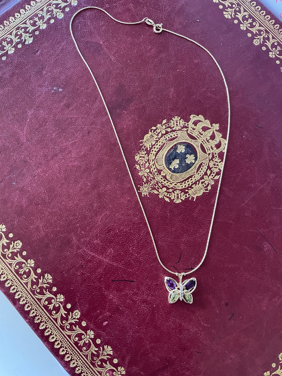 Pendentif papillon or améthystes, péridots et brillants -photo-6