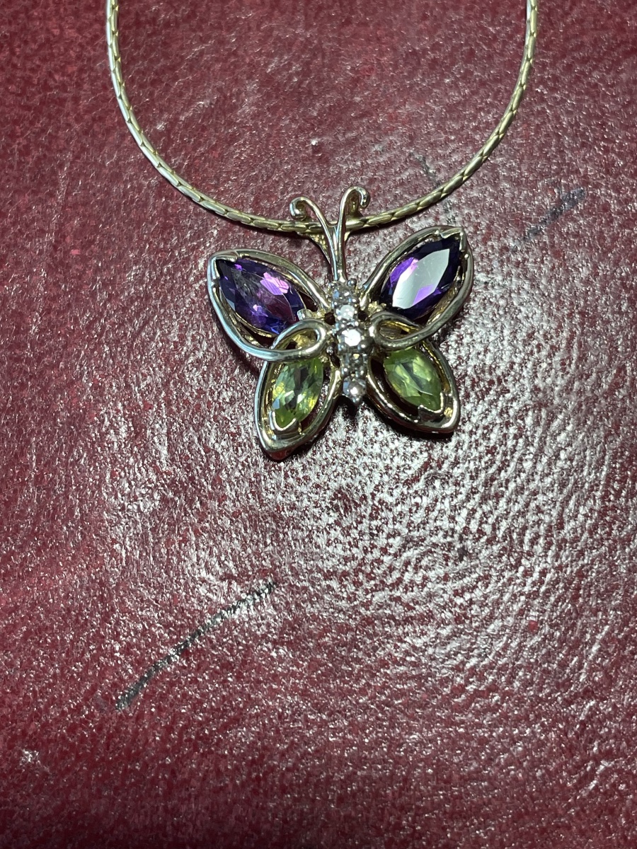 Pendentif papillon or améthystes, péridots et brillants -photo-7