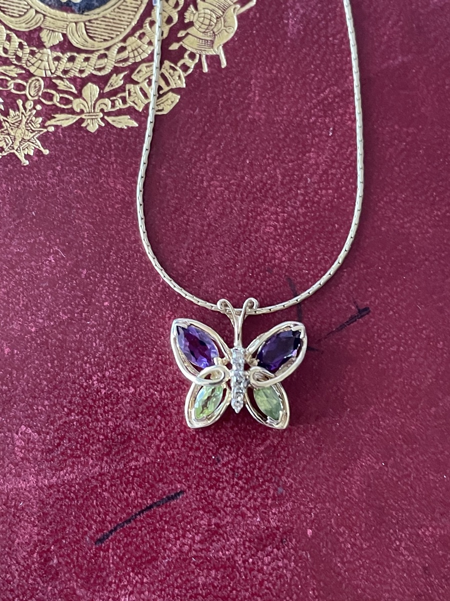 Pendentif papillon or améthystes, péridots et brillants -photo-8