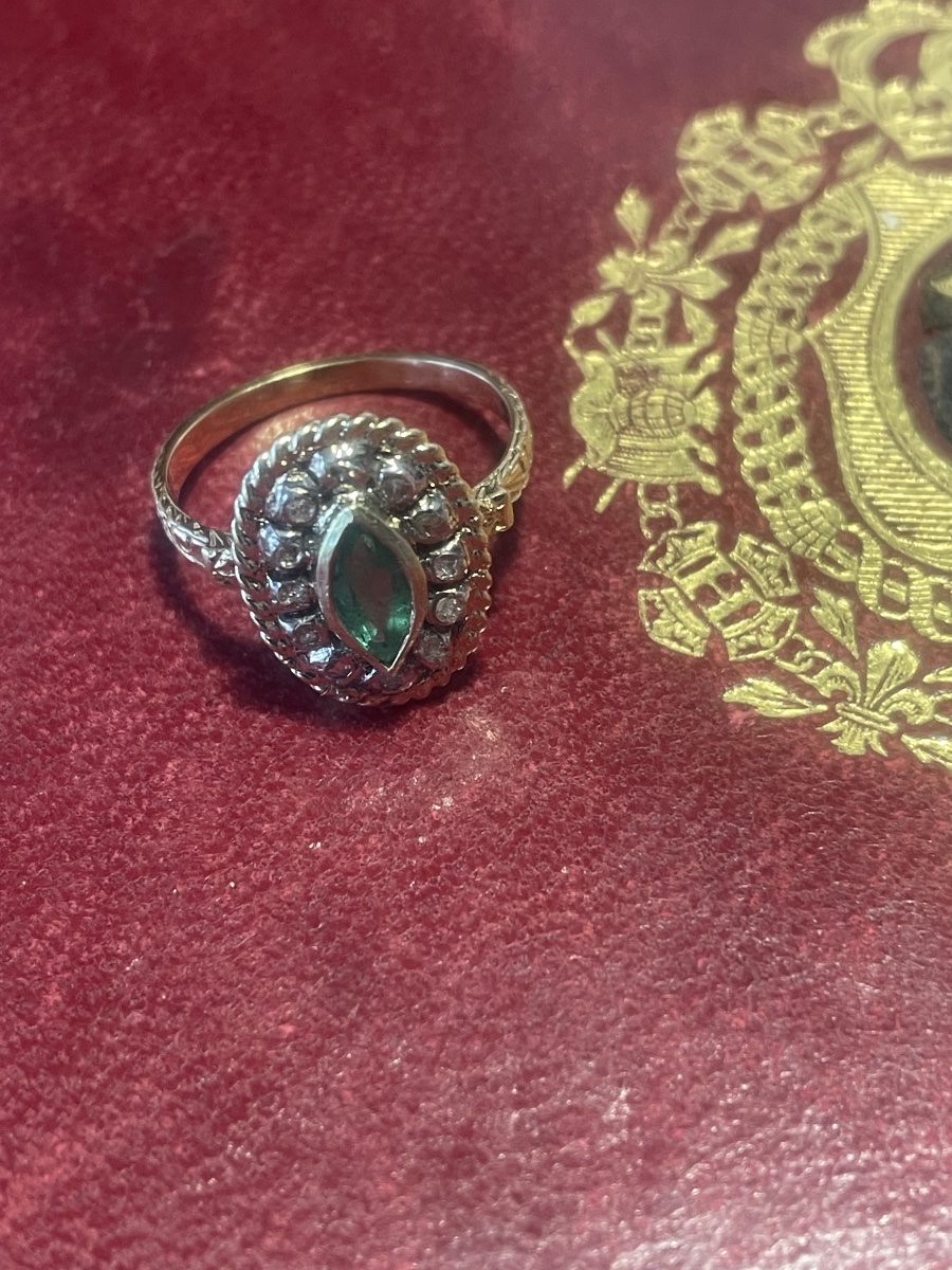 Bague or émeraude et roses diamants-photo-5