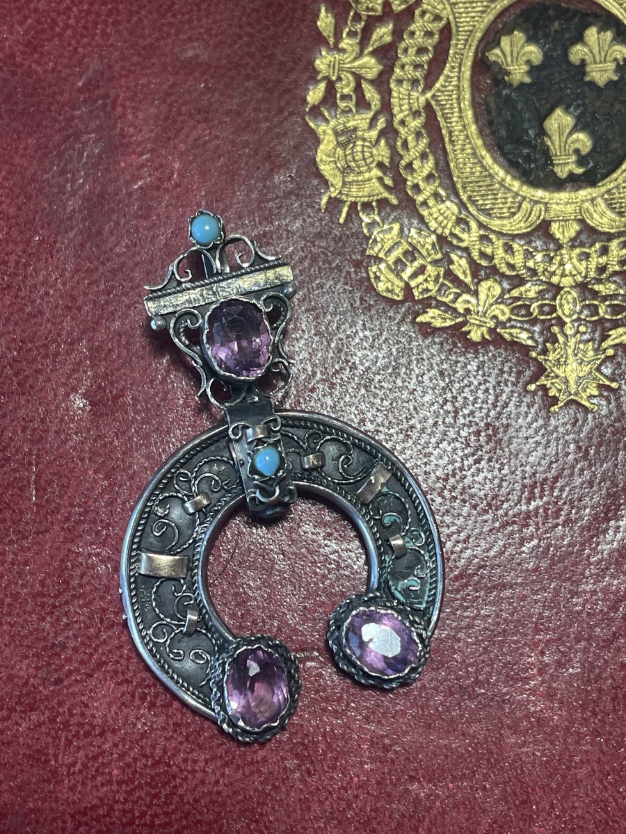 Silver Pendant With Amethysts And Turquoise 