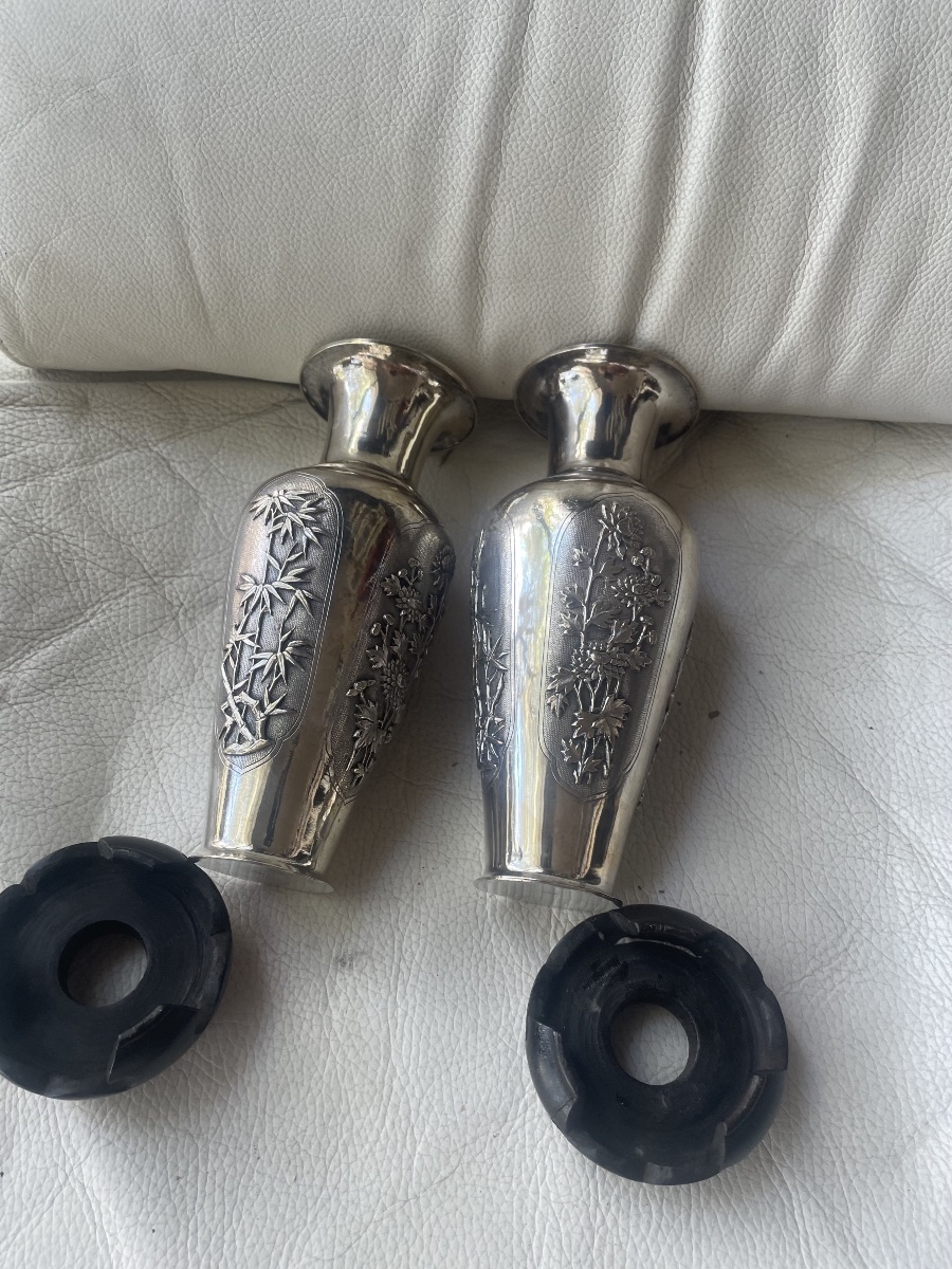 Pair Of Asian Silver Vases -photo-2