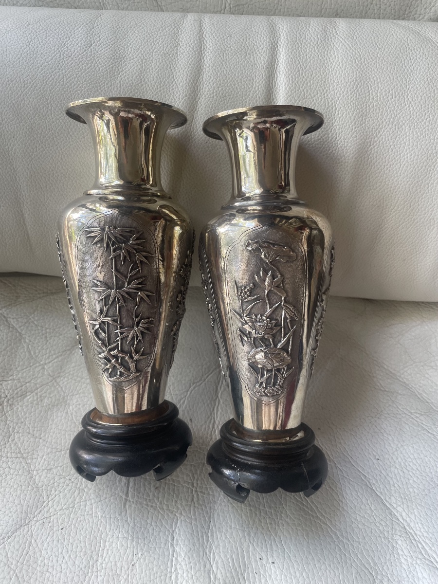 Pair Of Asian Silver Vases -photo-3