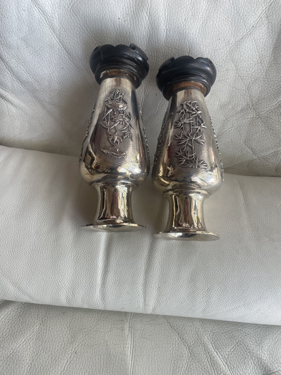 Pair Of Asian Silver Vases -photo-4