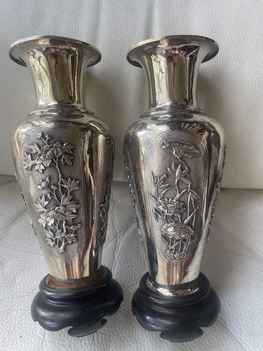 Pair Of Asian Silver Vases -photo-1