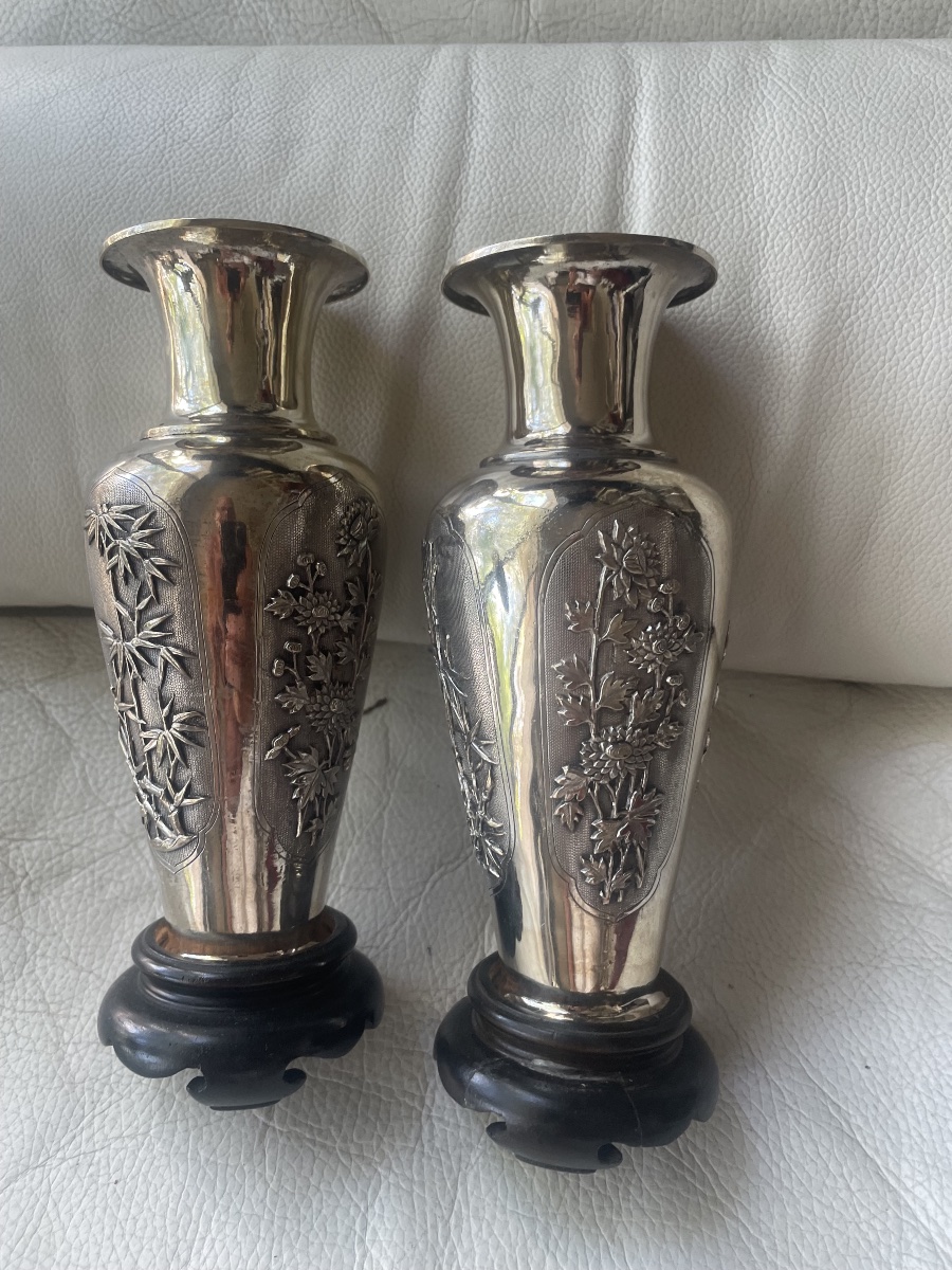 Pair Of Asian Silver Vases -photo-4