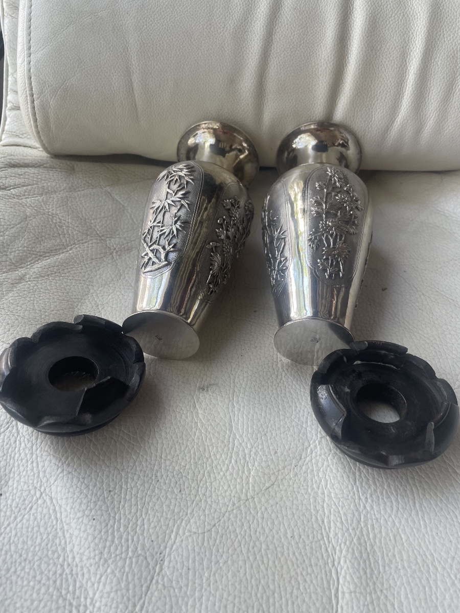 Pair Of Asian Silver Vases -photo-6