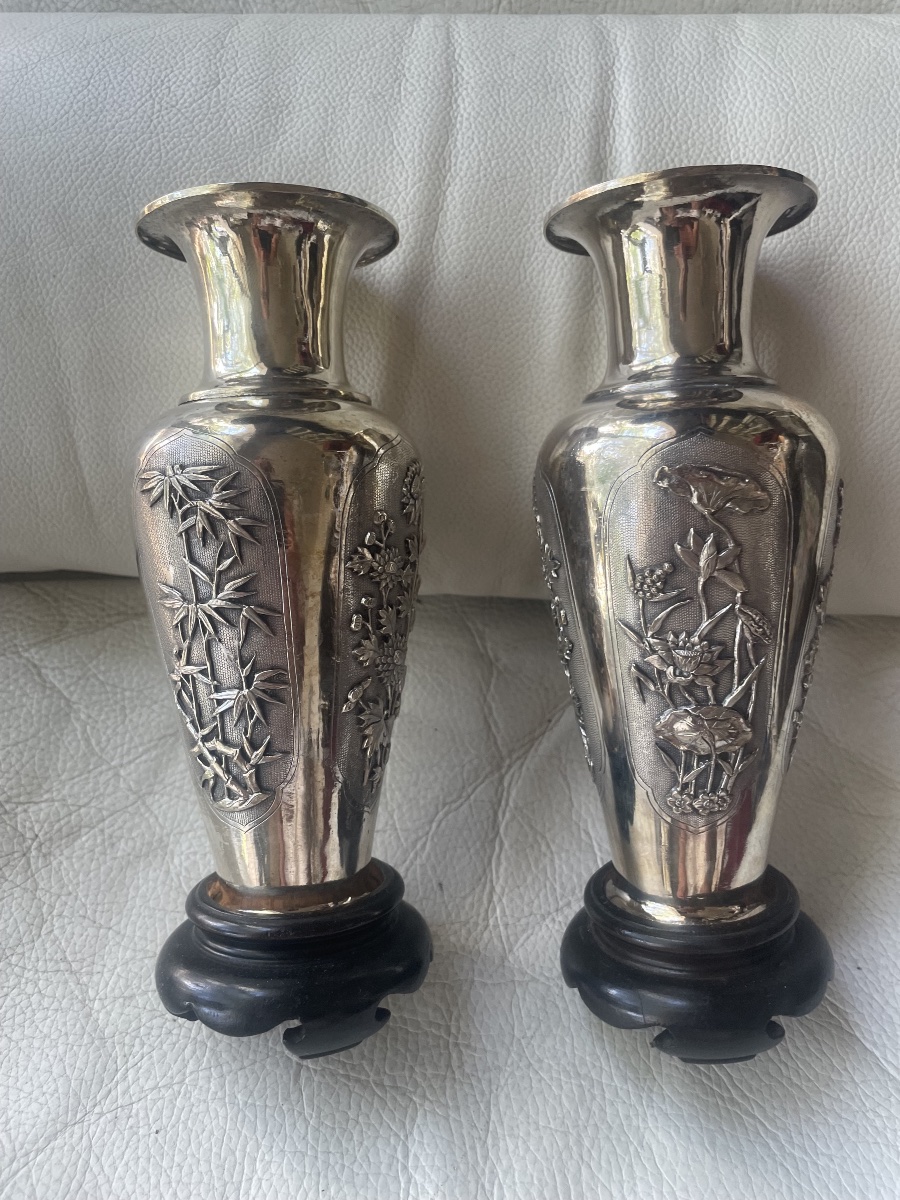 Pair Of Asian Silver Vases -photo-8