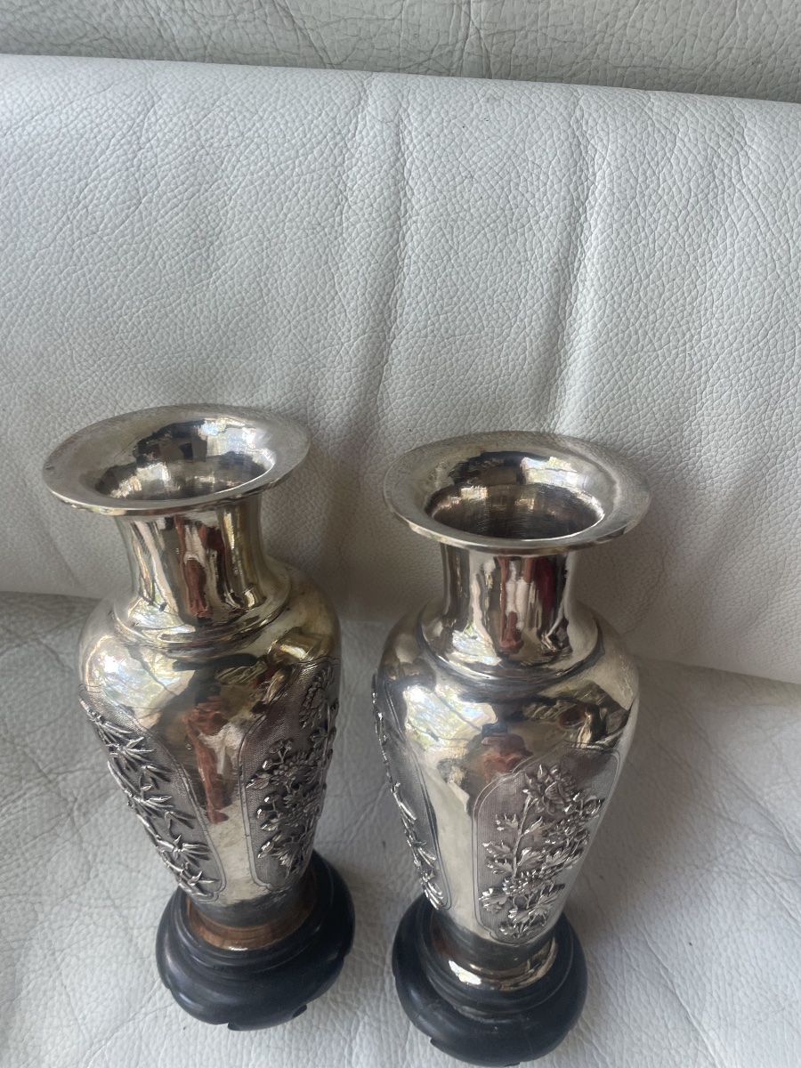 Pair Of Asian Silver Vases 