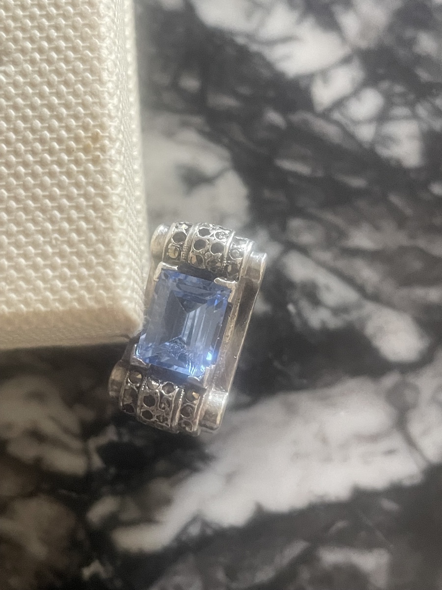 Silver Ring With Navy Blue Accent 