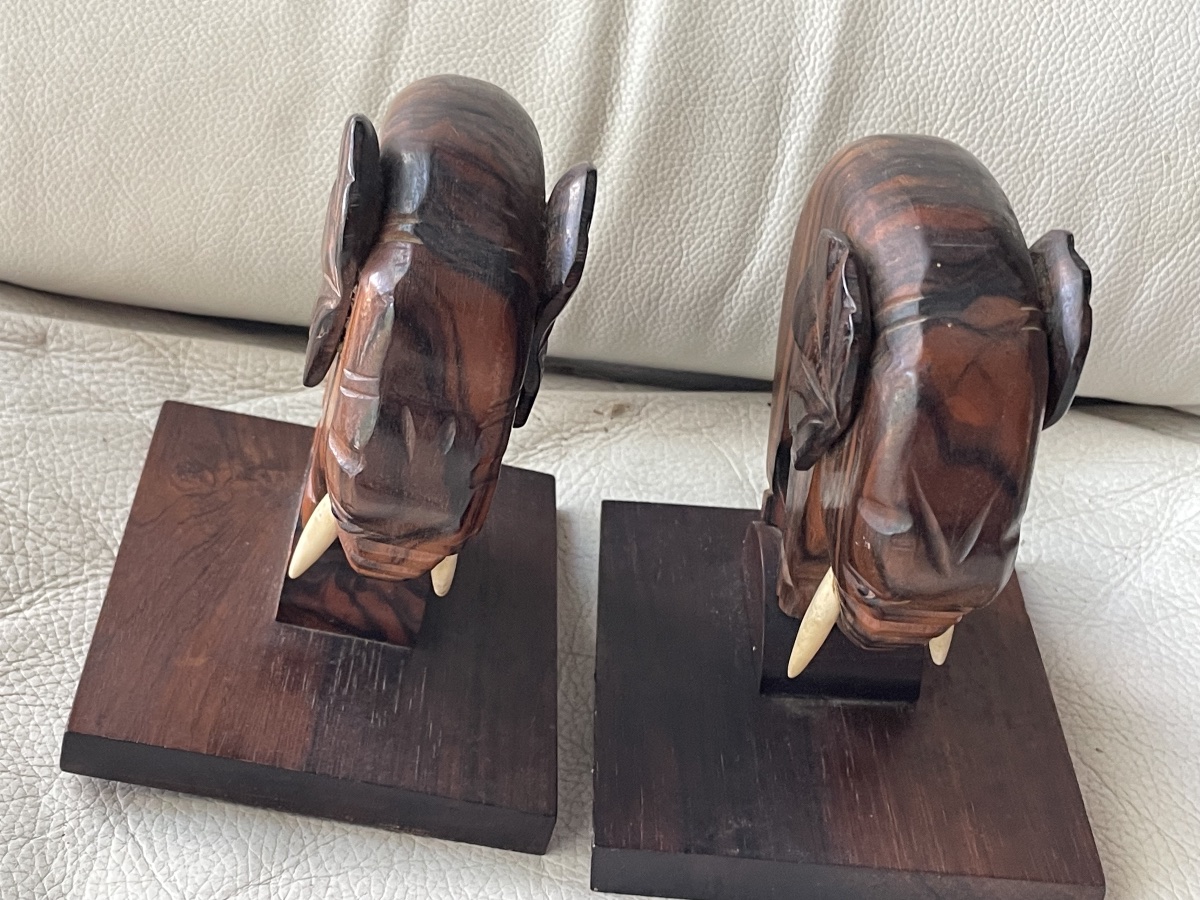 Pair Of Elephant-shaped Bookends Made Of Rio Rosewood -photo-5
