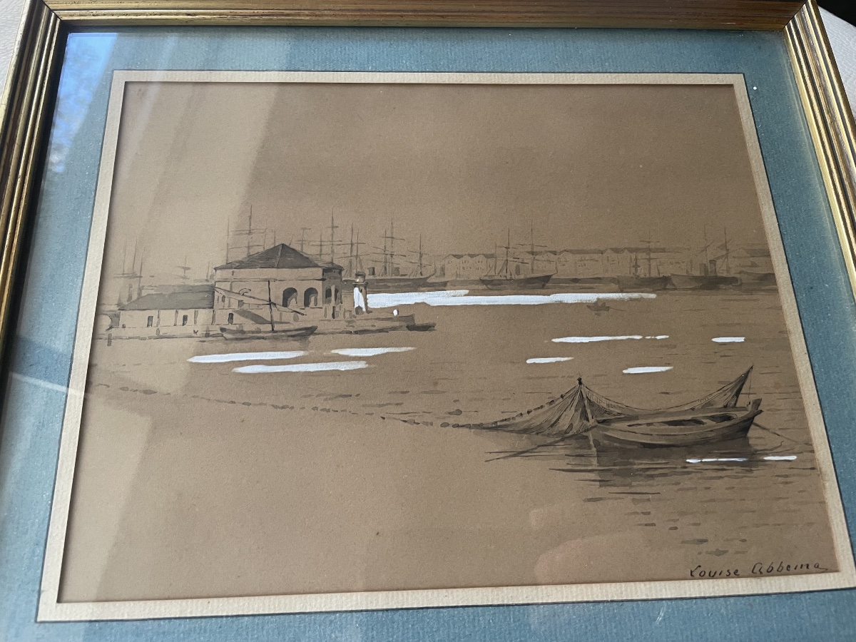 Drawing By Louise Abbema: The Harbor And Boats -photo-1