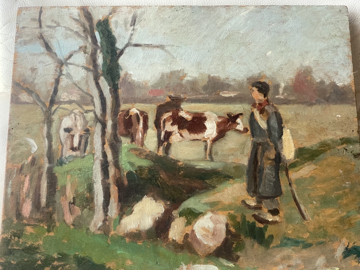 Tableau double face de Dubuc  la neige et troupeau de vaches -photo-3
