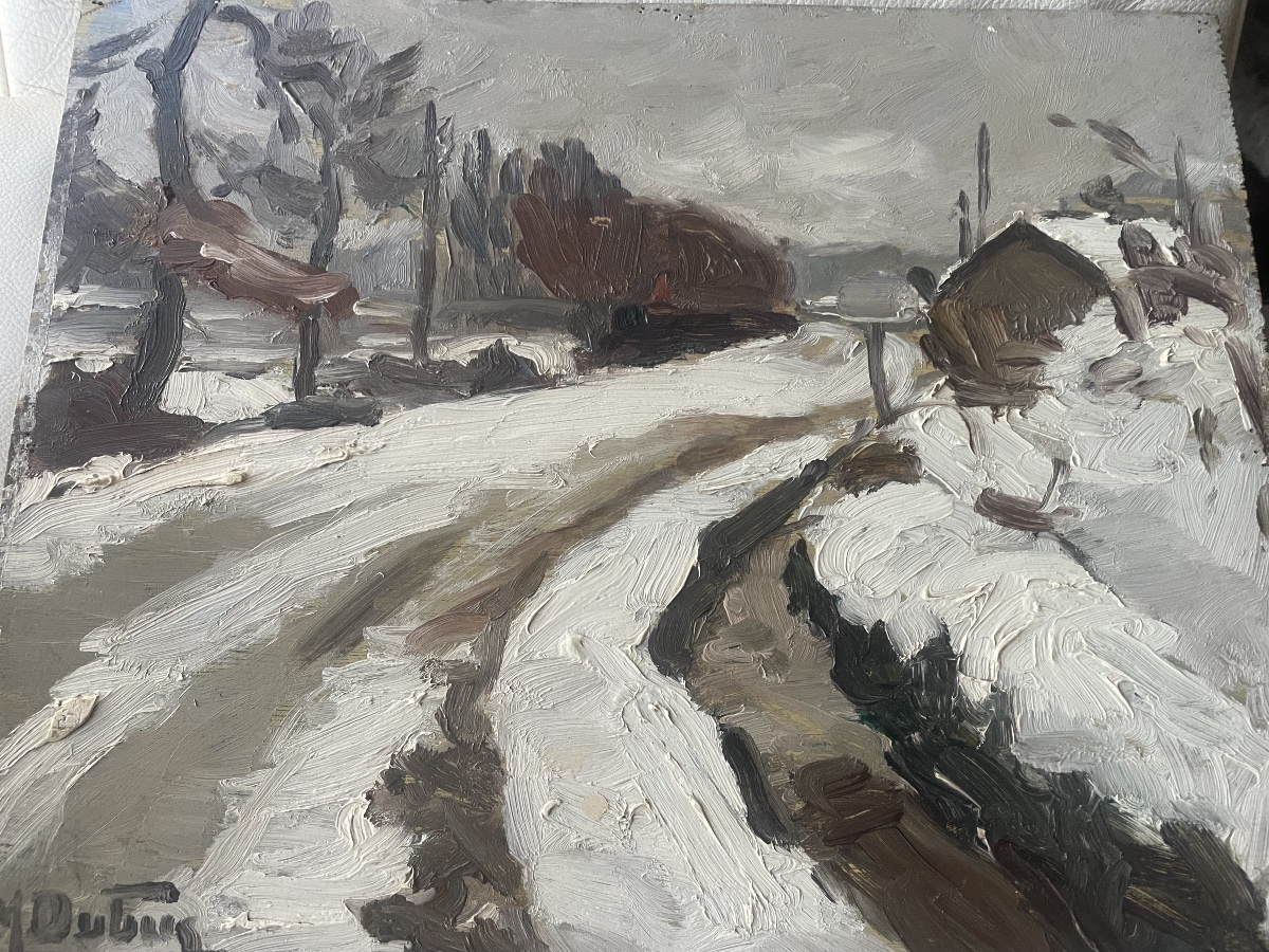 Tableau double face de Dubuc  la neige et troupeau de vaches -photo-1