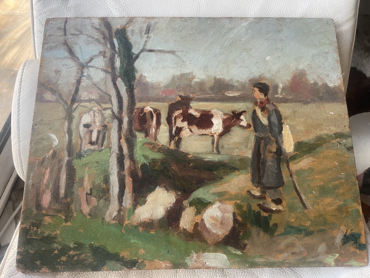 Tableau double face de Dubuc  la neige et troupeau de vaches -photo-3