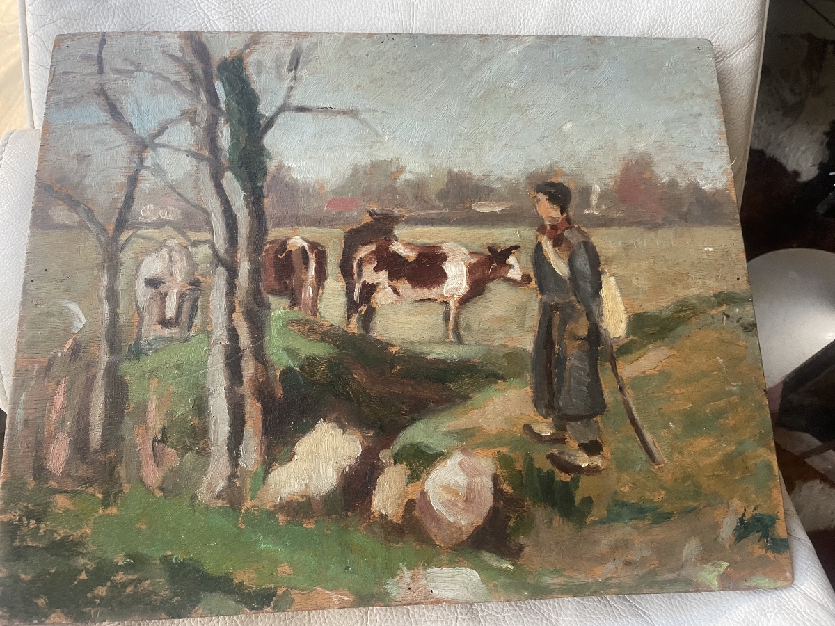 Tableau double face de Dubuc  la neige et troupeau de vaches -photo-7