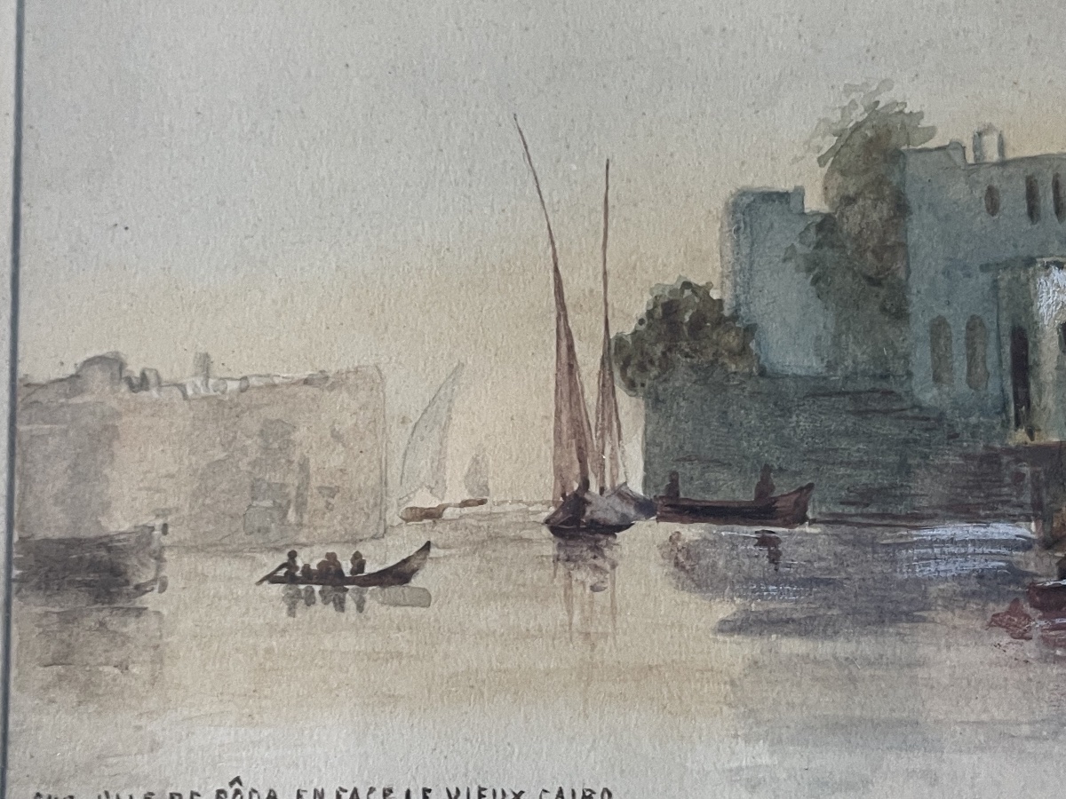Aquarelle orientaliste . Ile de Roda au Caire -photo-1
