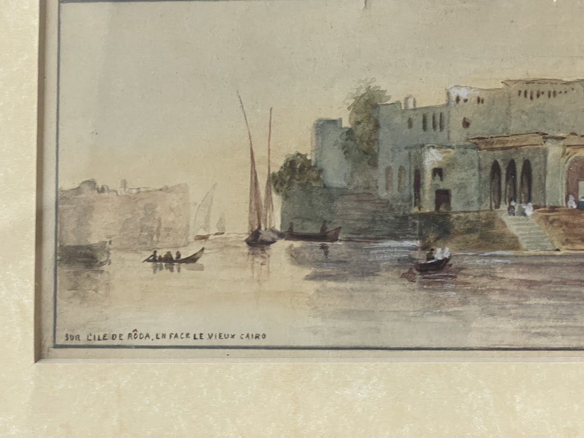 Aquarelle orientaliste . Ile de Roda au Caire -photo-3