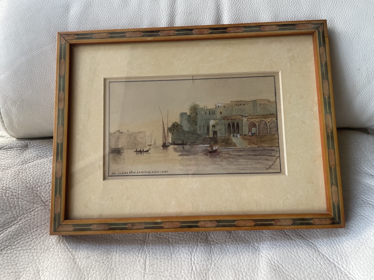 Aquarelle orientaliste . Ile de Roda au Caire -photo-6