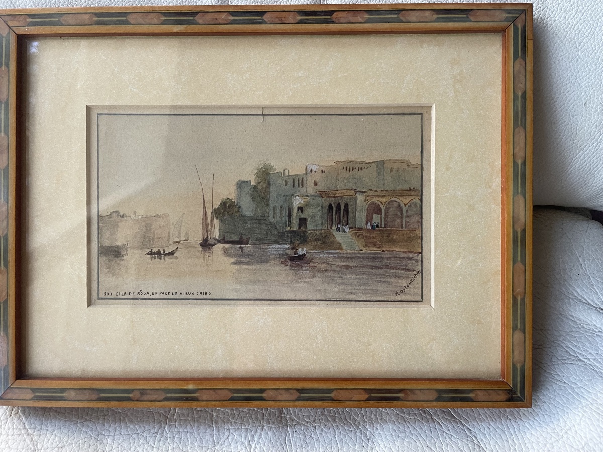 Aquarelle orientaliste . Ile de Roda au Caire -photo-7