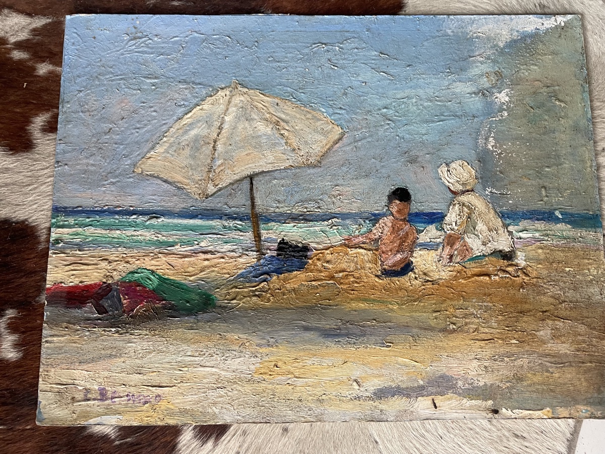 Mother And Child At The Beach By C. Bernard 